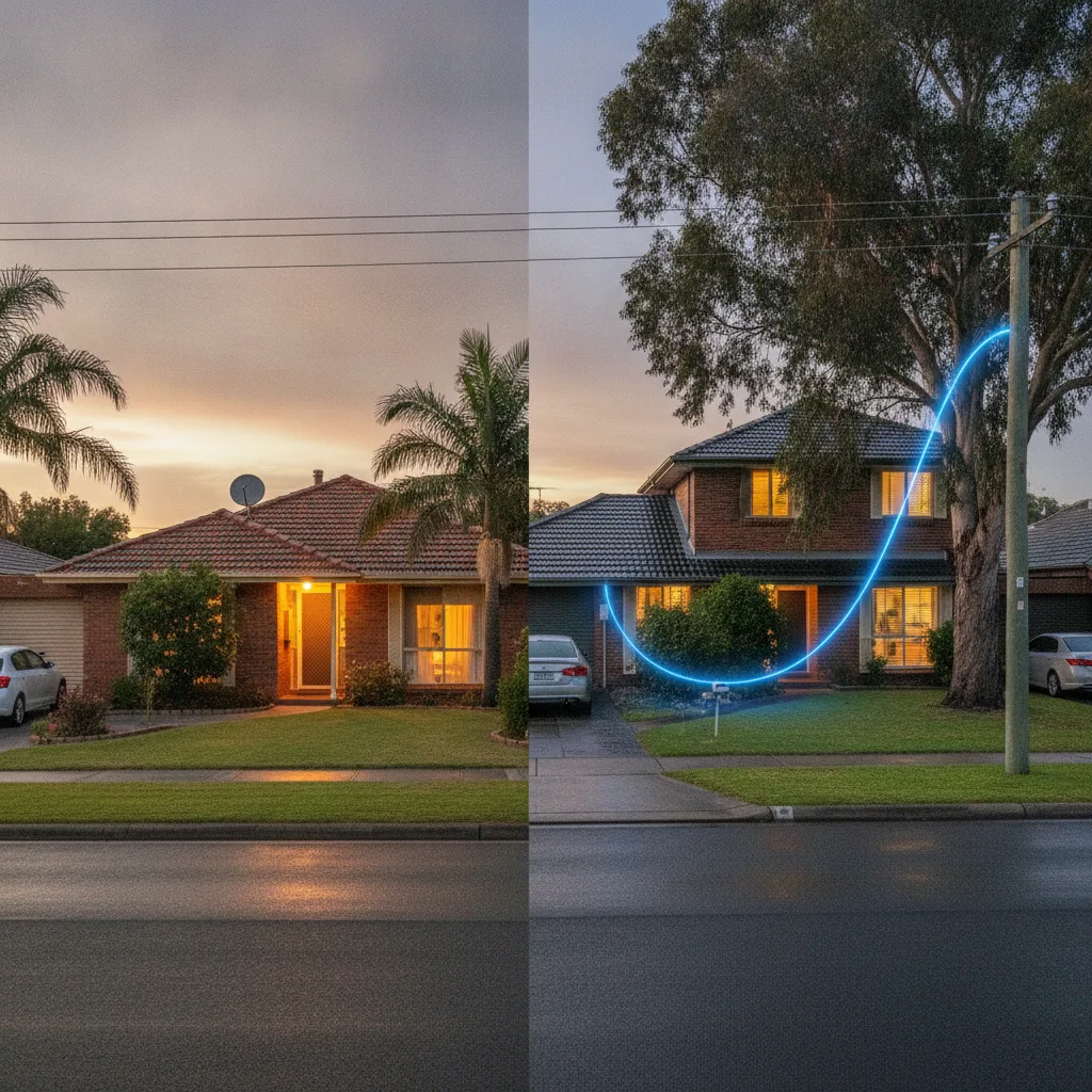 Two Australian houses, one with a satellite dish and one with fibre, for the Starlink vs NBN comparison
