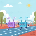 Cartoon of two wifi routers racing, representing Superloop and Aussie Broadband compared