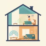 Cartoon cutaway of a two storey Australian home showing the modem downstairs and a mesh node upstairs reaching a woman working on a laptop in the back bedroom