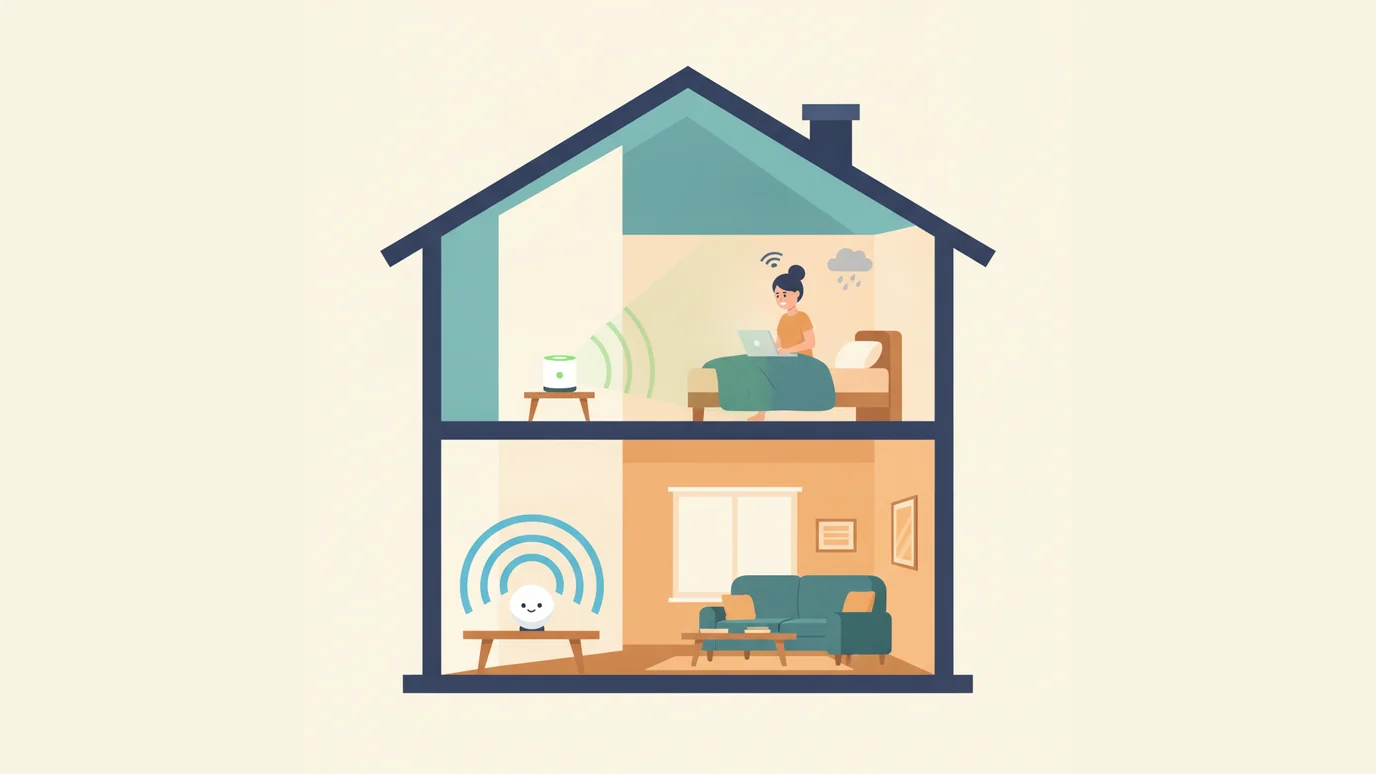 Cartoon cutaway of a two storey Australian home showing the modem downstairs and a mesh node upstairs reaching a woman working on a laptop in the back bedroom